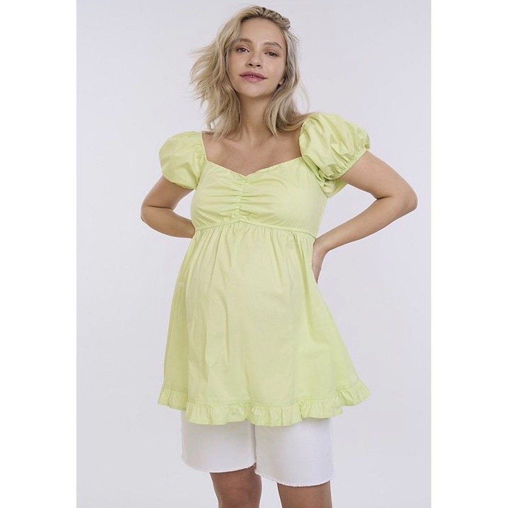 Motherhood Maternity Ruched Off-The-Shoulder Puff Sleeve Top Lime Yellow XS